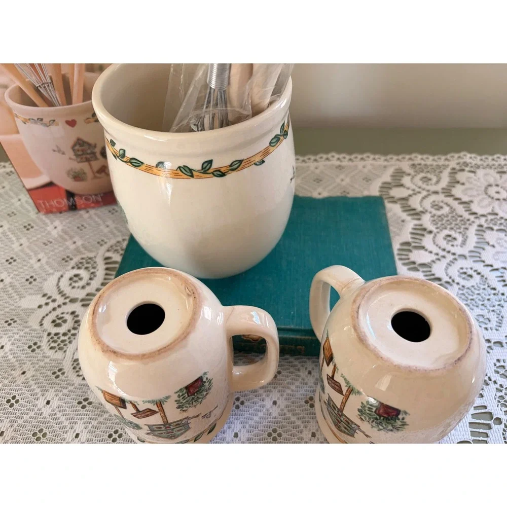 Thomson Pottery Birdhouse Kitchen Set Utensil Crock Salt Pepper Shakers 10pc